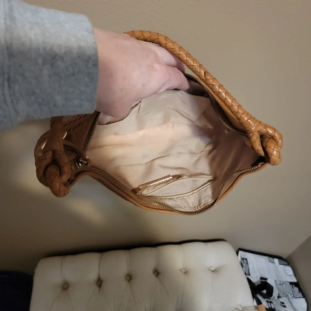Elliott Lucca Womans Tan Braided Leather Hobo Bag Medium Size